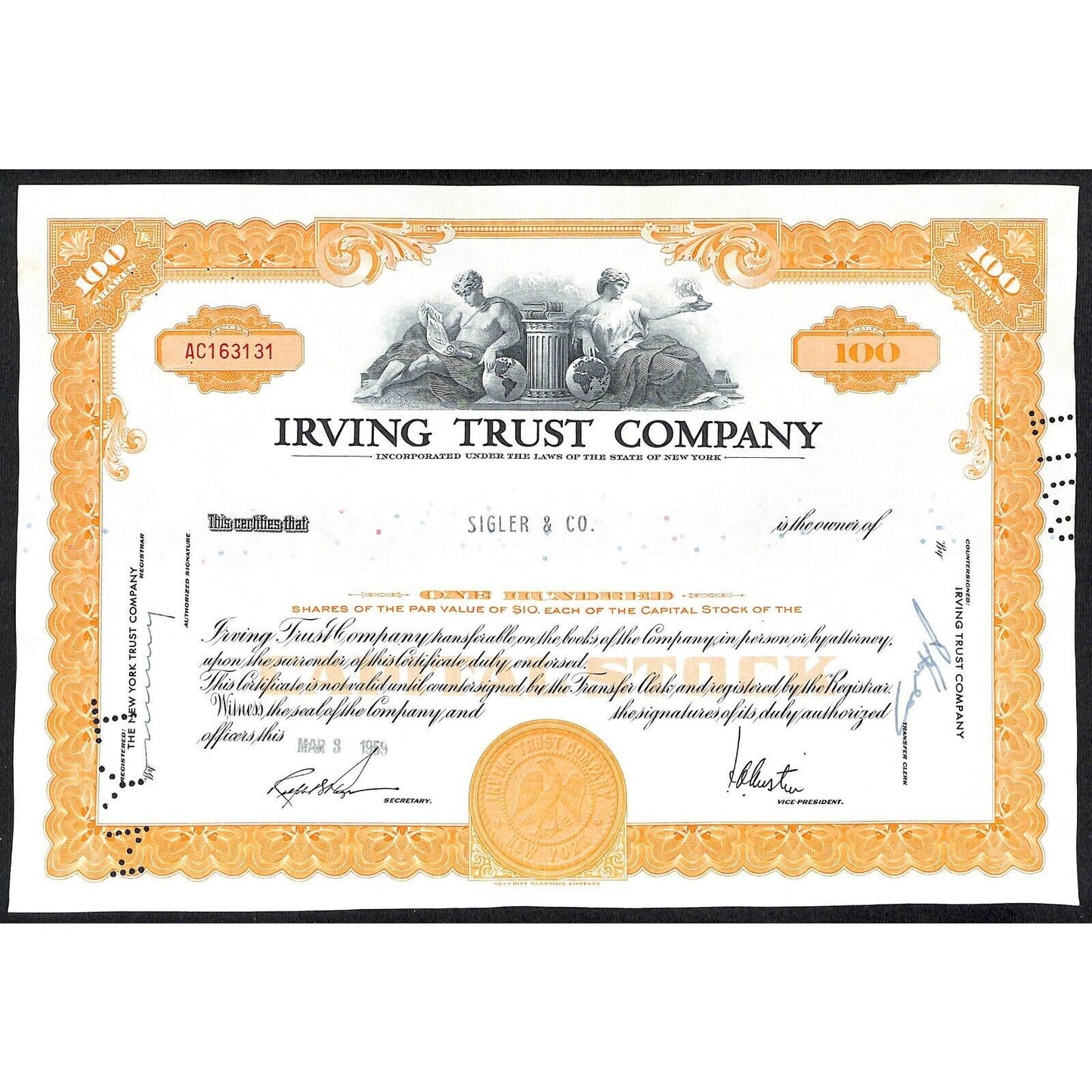 Irving Trust Company NY 1959 Stock Certificate to: Sigler & Co. #163131