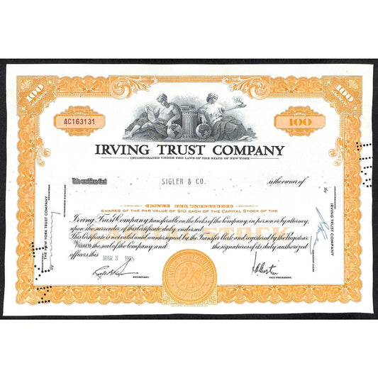 Irving Trust Company NY 1959 Stock Certificate to: Sigler & Co. #163131