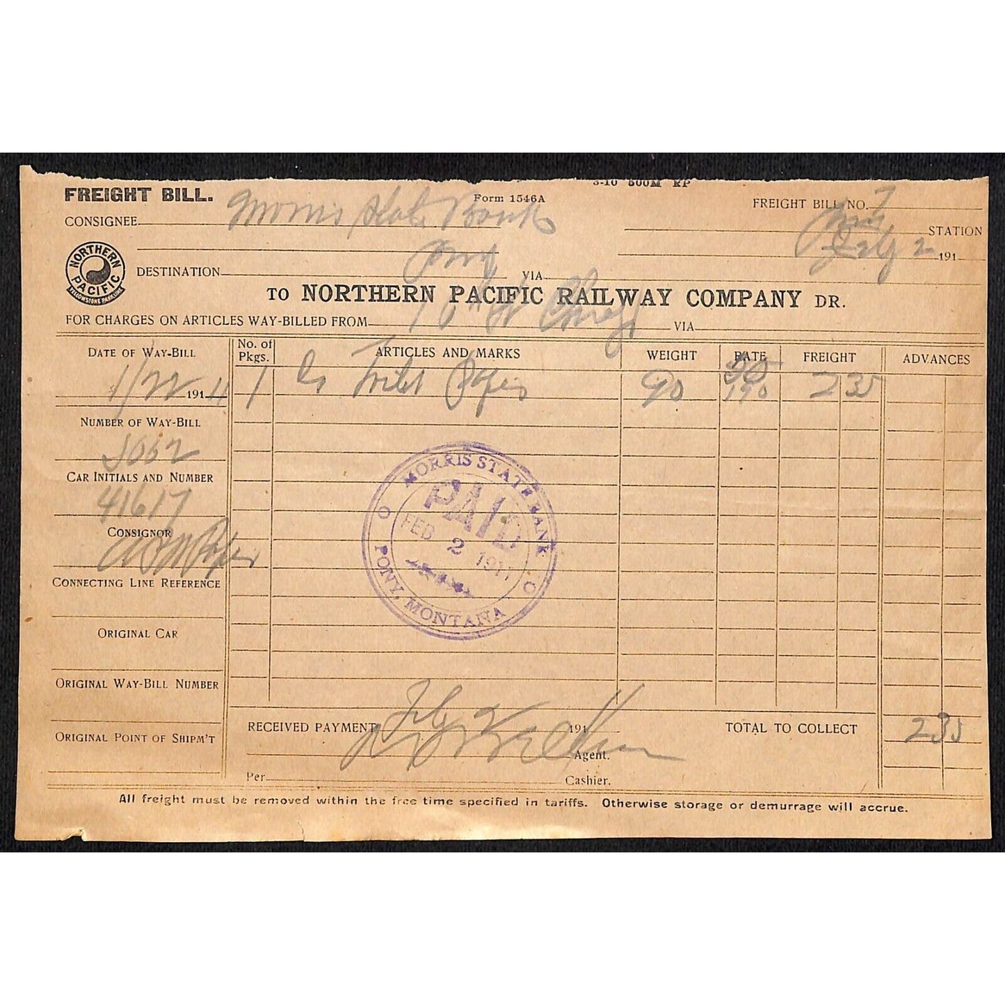Northern Pacific Railway 1911 Freight Receipt 90 Lbs. Pipes? Pony, MT
