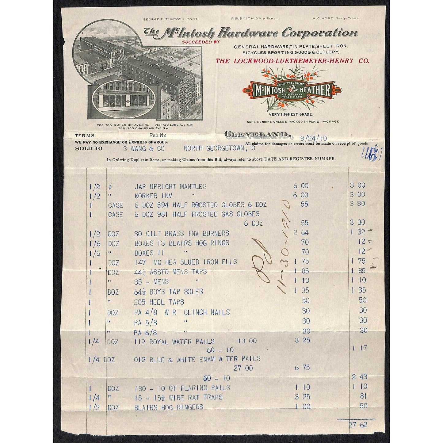 McIntosh Hardware Heater Cleveland 1910 Billhead Samuel Wang* N. Georgetown OH