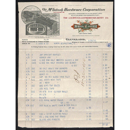 McIntosh Hardware Heater Cleveland 1910 Billhead Samuel Wang* N. Georgetown OH