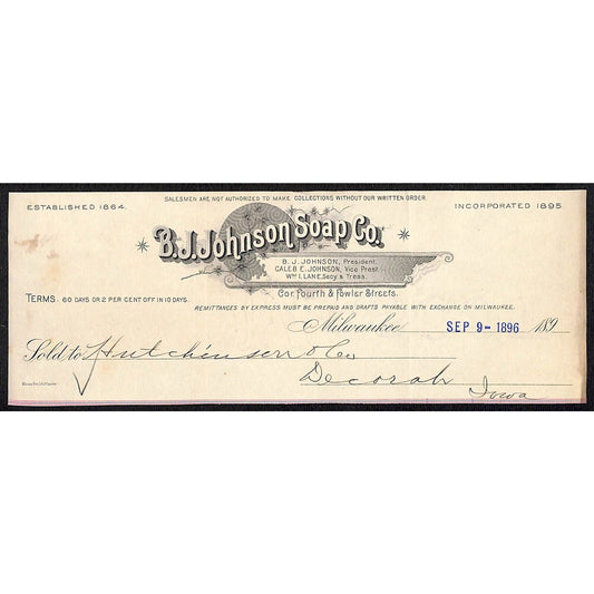 B.J. Johnson Soap Co. (J&J) HJ Hutchinson Decorah IA* Cut 1896 Billhead