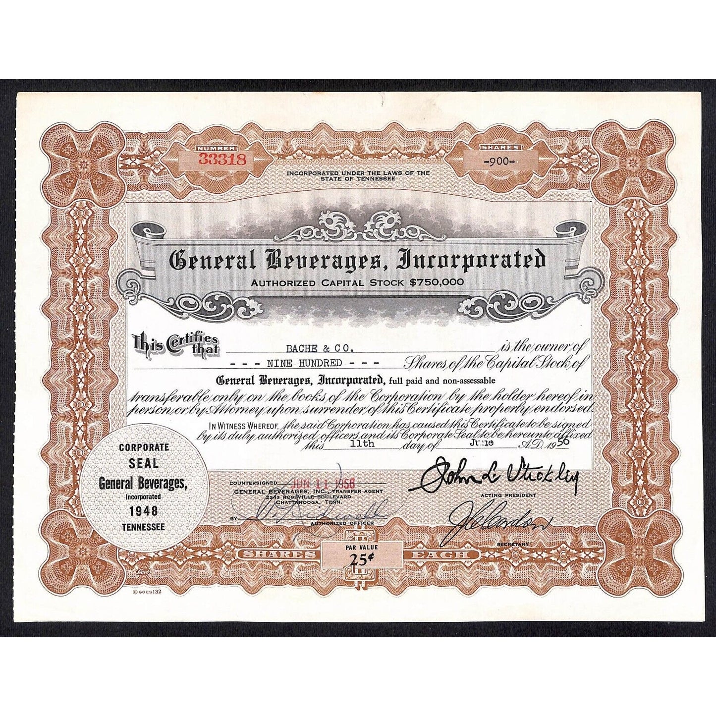 General Beverages, Inc.* Tennessee 1956 Stock Certificate Bache & Co. #33318