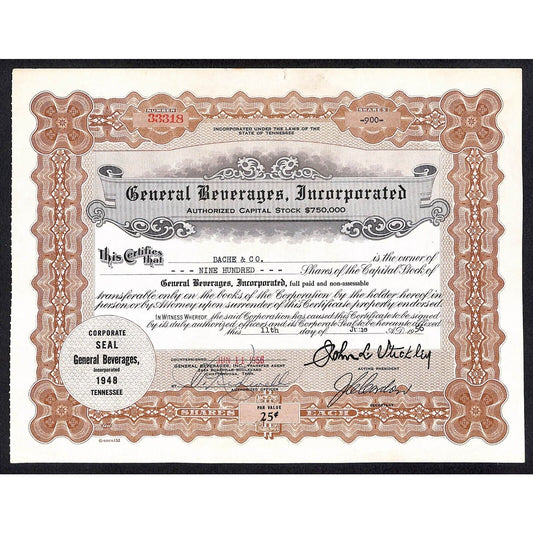 General Beverages, Inc.* Tennessee 1956 Stock Certificate Bache & Co. #33318