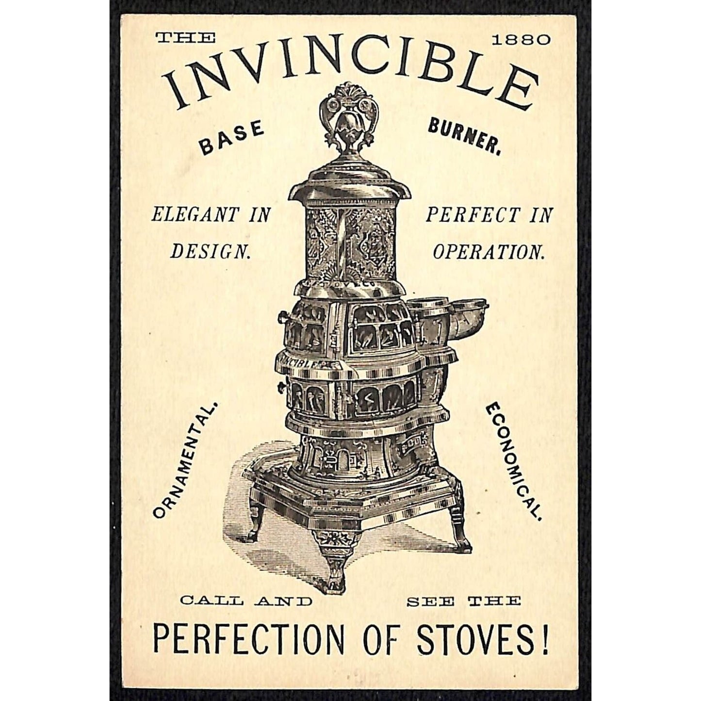 Invincible Base Burner Victorian Trade Card Barefoot Girl Gathers Leaves