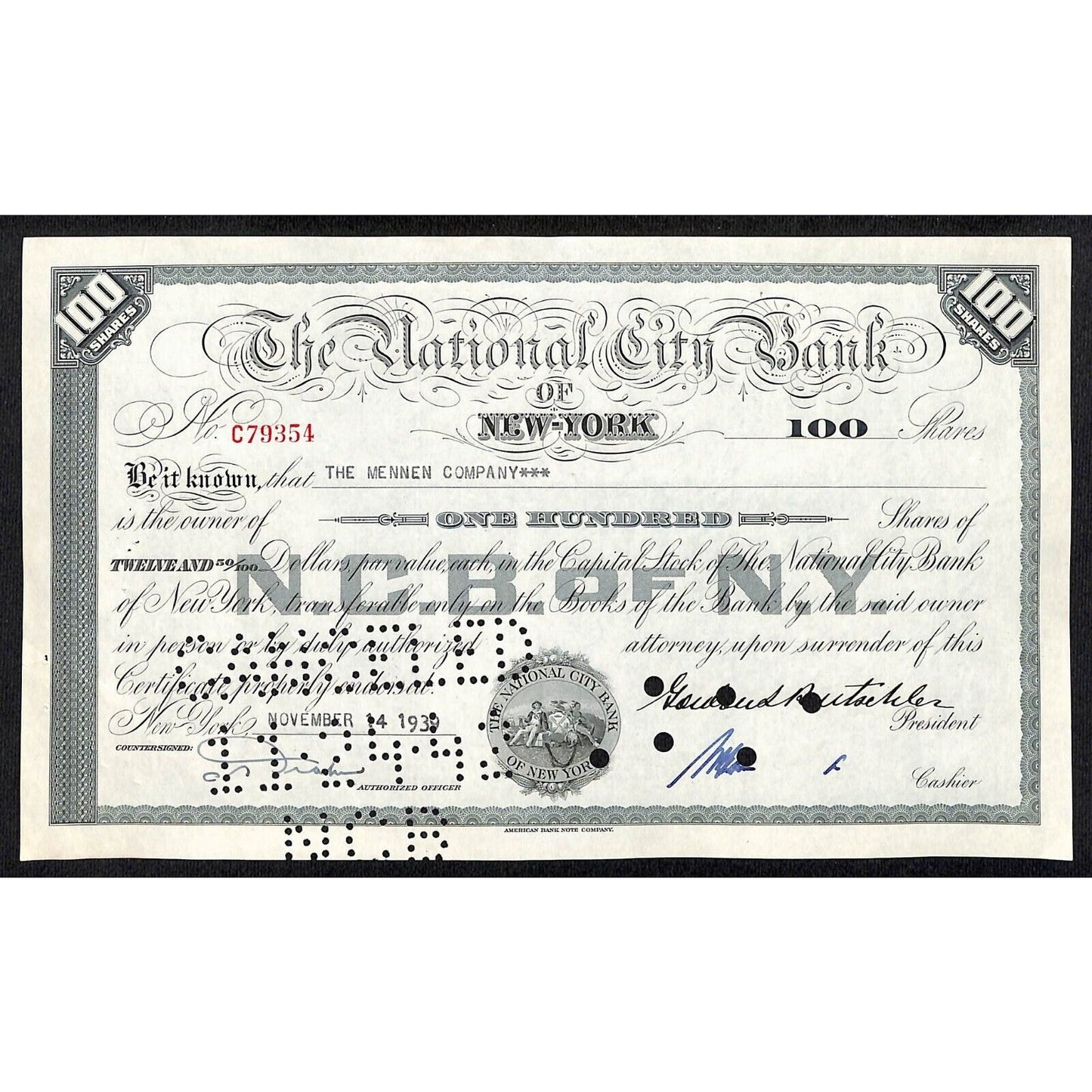 National City Bank of New York 1939 Stock Certificate to: The Mennen Co. NCB