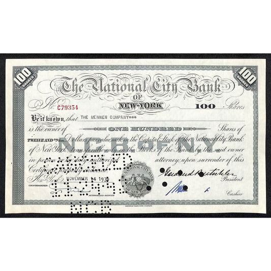 National City Bank of New York 1939 Stock Certificate to: The Mennen Co. NCB