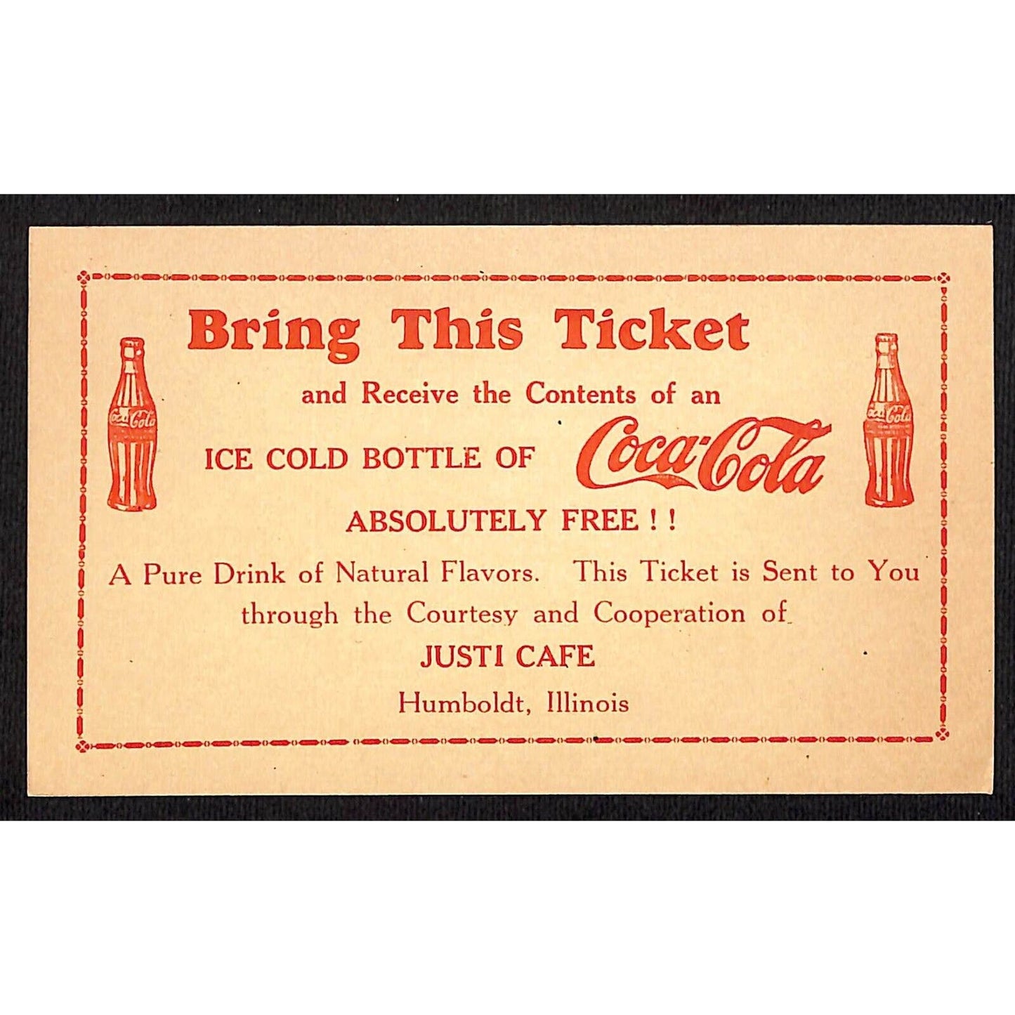 Coca Cola Justi Cafe Humboldt, IL Coupon Postcard c1935 - UX27