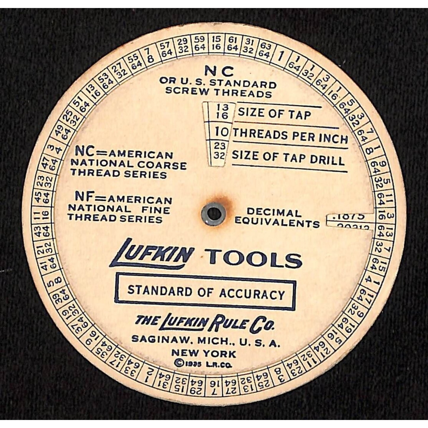 Lufkin Rule Co. Saginaw, MI Lufkin Tools Tap Thread Drill Size Guide c1935-40's