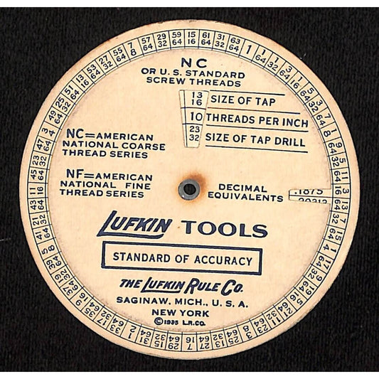 Lufkin Rule Co. Saginaw, MI Lufkin Tools Tap Thread Drill Size Guide c1935-40's