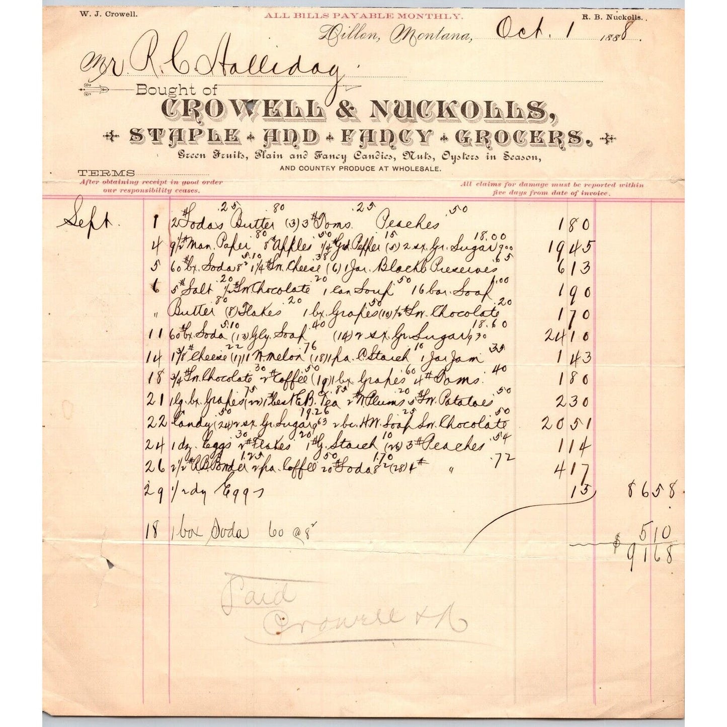 Dillon MT Crowell & Nuckolls Oct. 1888 Billhead Fancy Groceries R.C. Halliday*