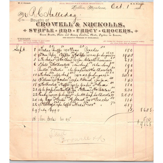 Dillon MT Crowell & Nuckolls Oct. 1888 Billhead Fancy Groceries R.C. Halliday*