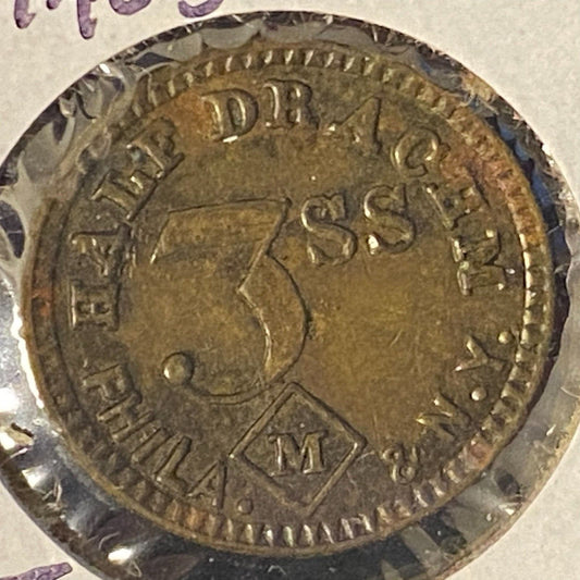 Half Drachm 3SS (John Maris) Phil. NY Apothecary Weight Brass 16mm 2g Token