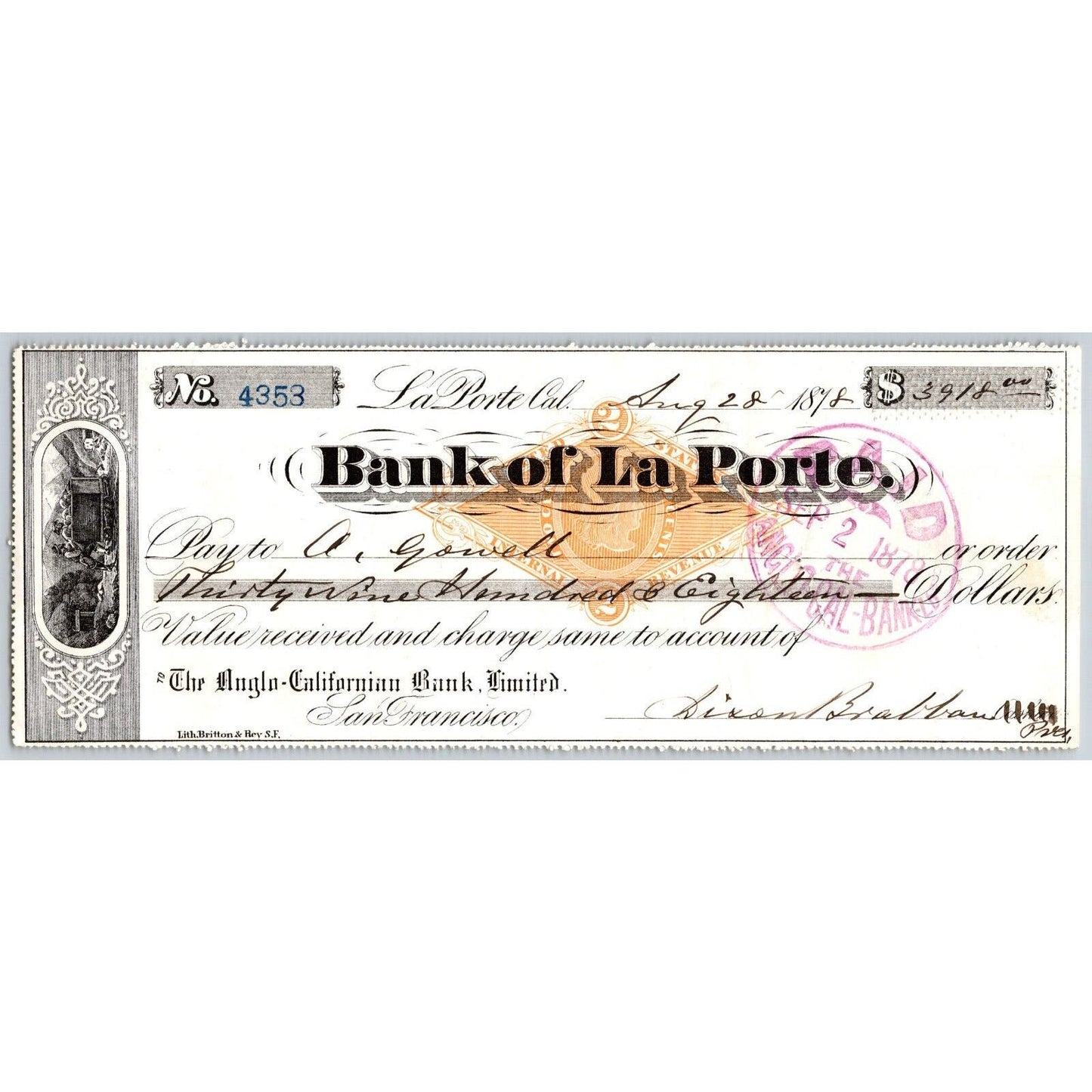 Bank of La Porte Check A. Gowell 1878 Mining Vignette RN-G1 Rev Stamp 4353