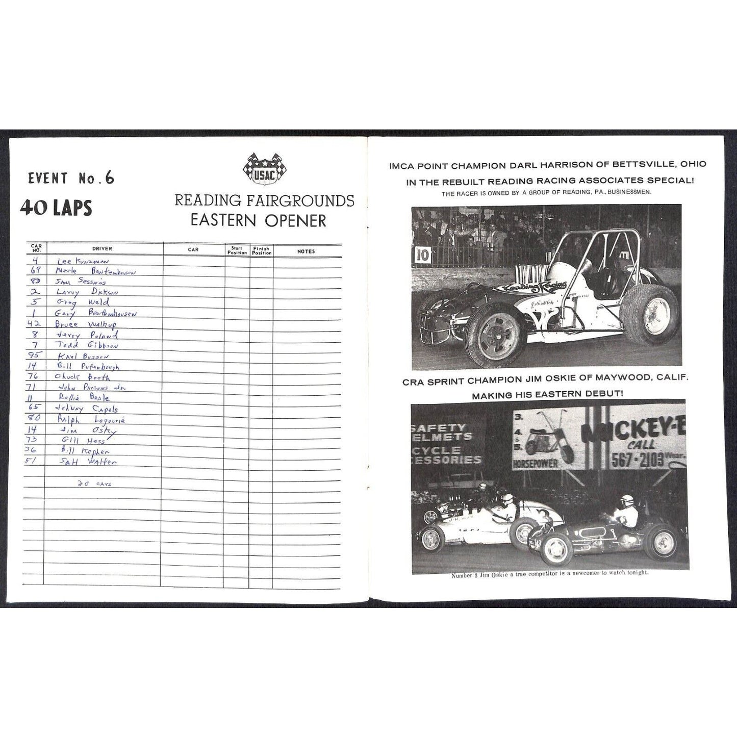 Reading Fairgrounds 1970 Auto Races Program USAC Sprint Car Champion 12pp*