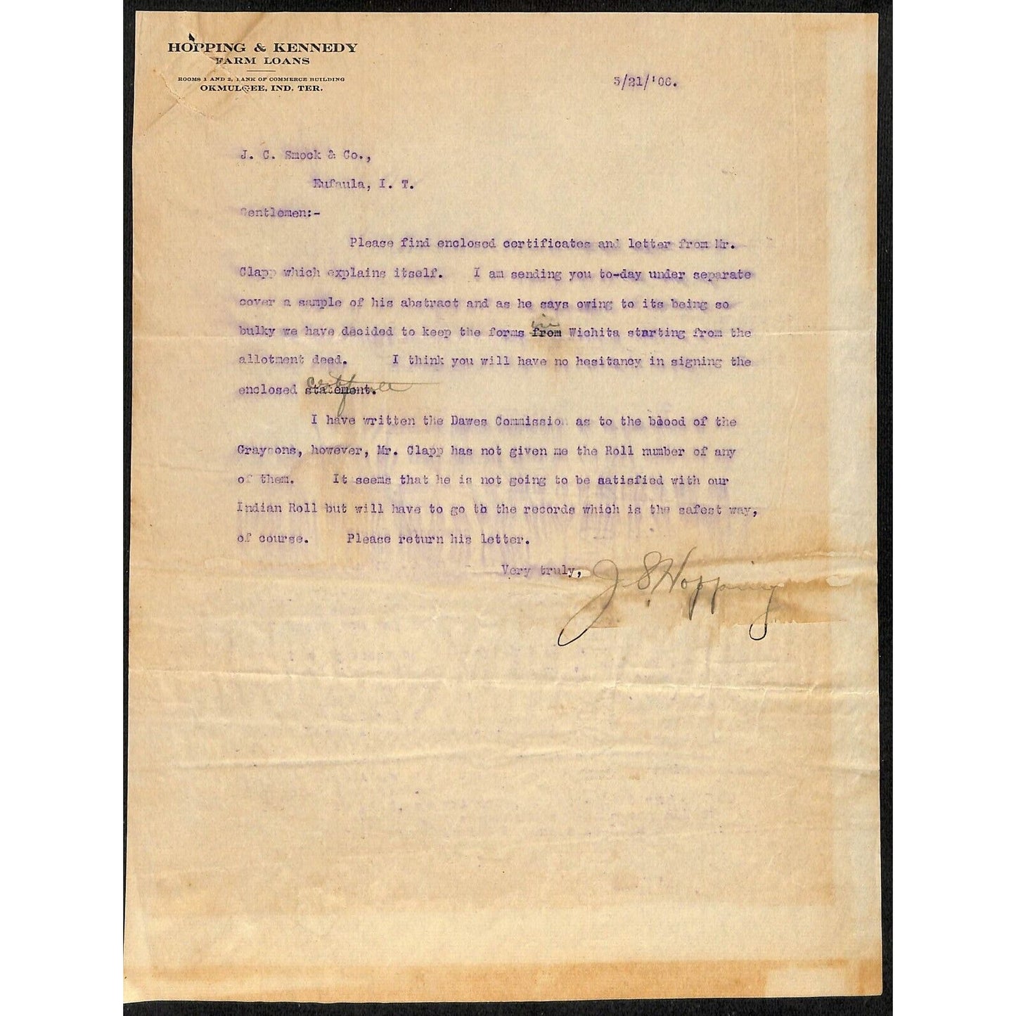 1906 Hopping & Kennedy Farm Loans Okmulgee, OK Indian Territory Letterhead