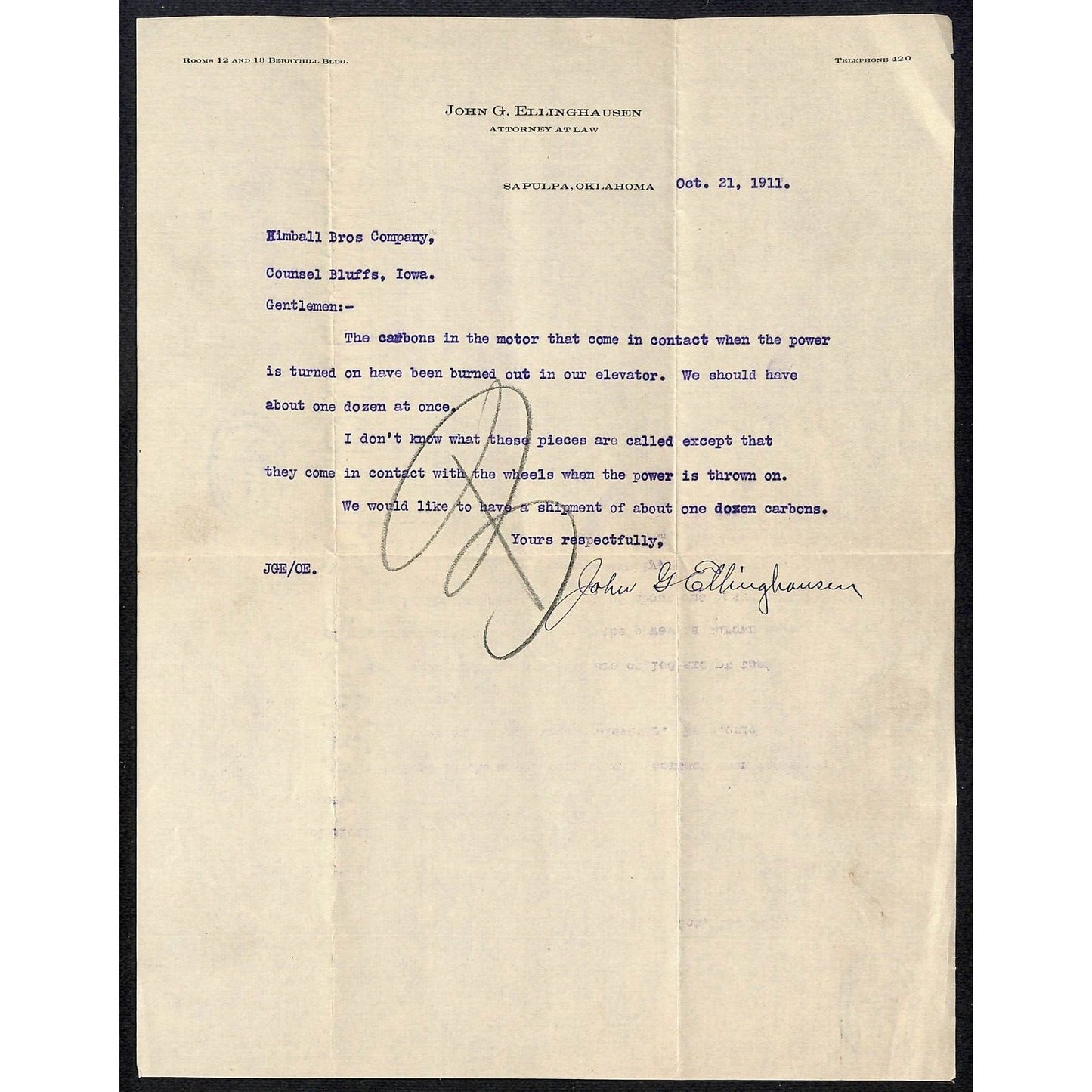 5 1911-1915 Letterheads John G. Ellinghausen Lawyer to Kimball Bros. Elevator