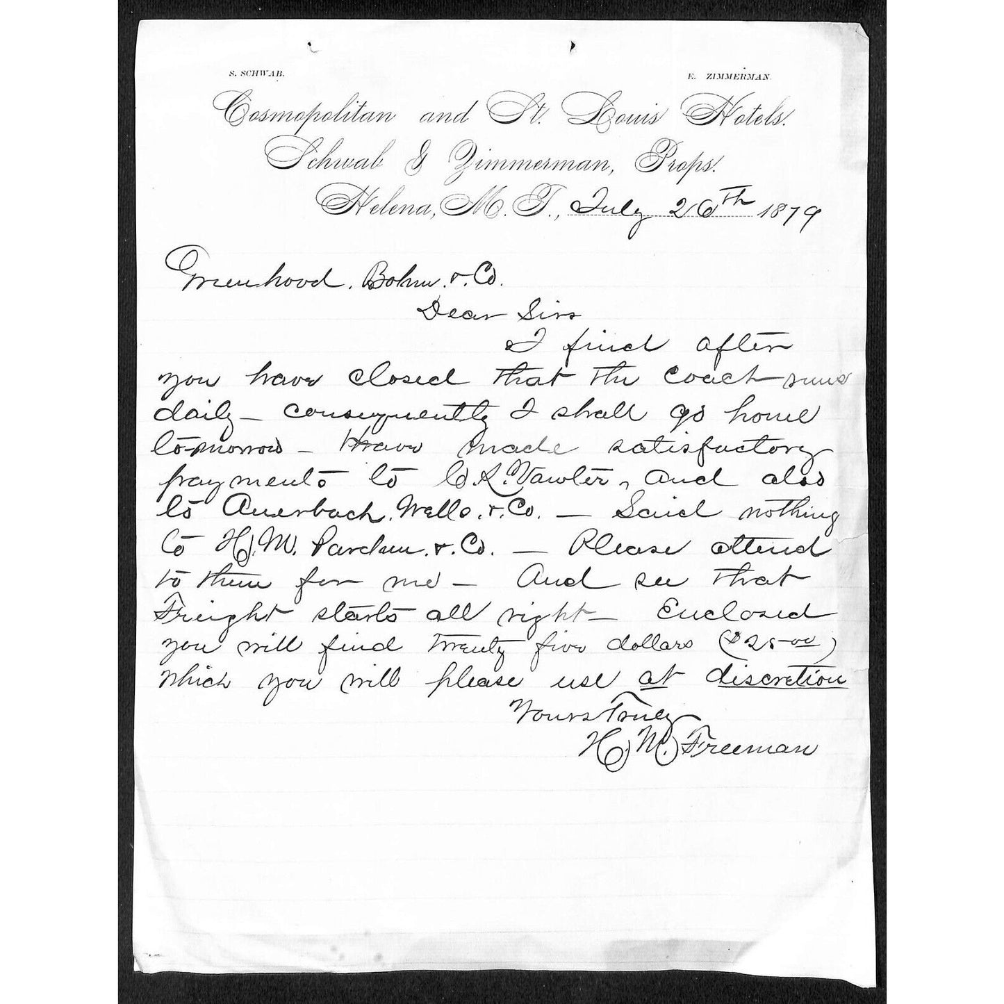 Helena, MT Cosmopolitan and St. Louis Hotels 1879 Letterhead Greenhood & Bohm*