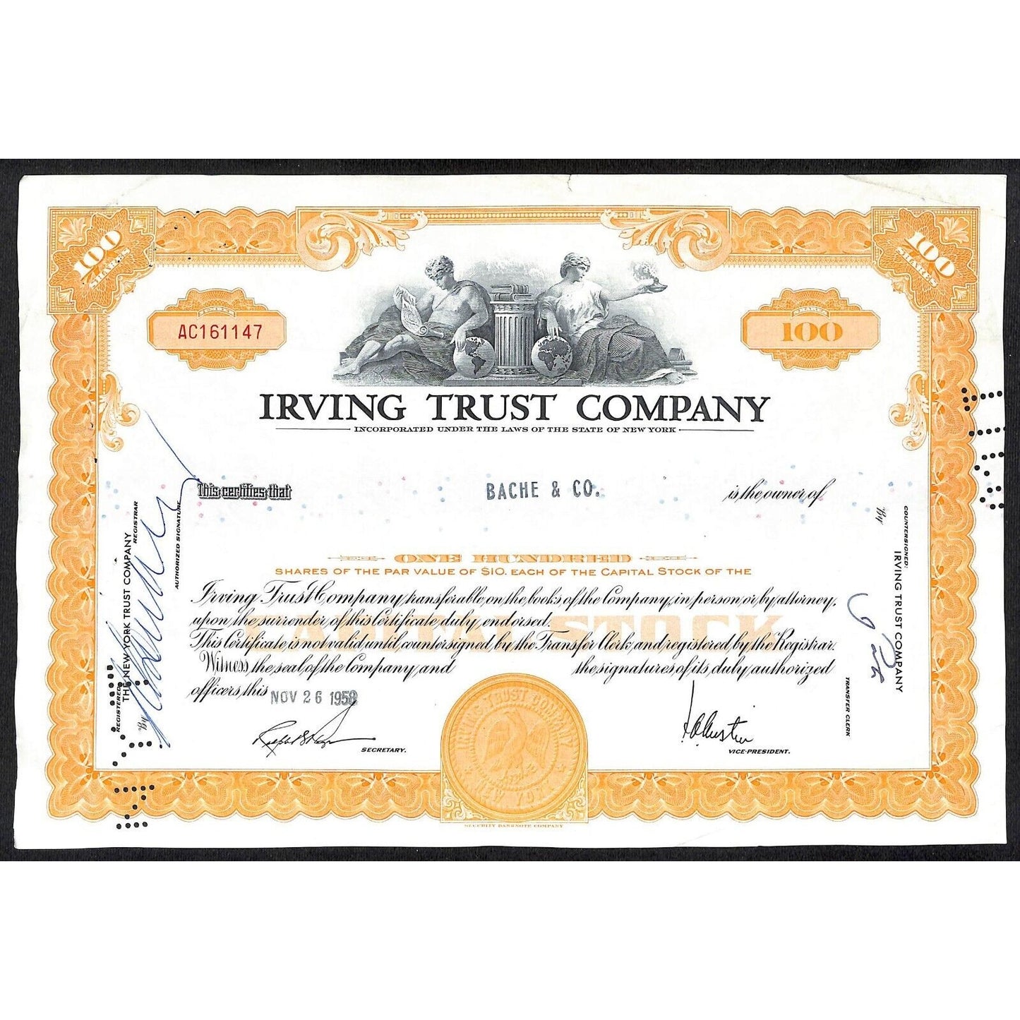 Irving Trust Company NY 1958 Stock Certificate to: Bache & Co. #161147