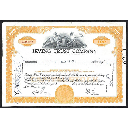 Irving Trust Company NY 1958 Stock Certificate to: Bache & Co. #161147