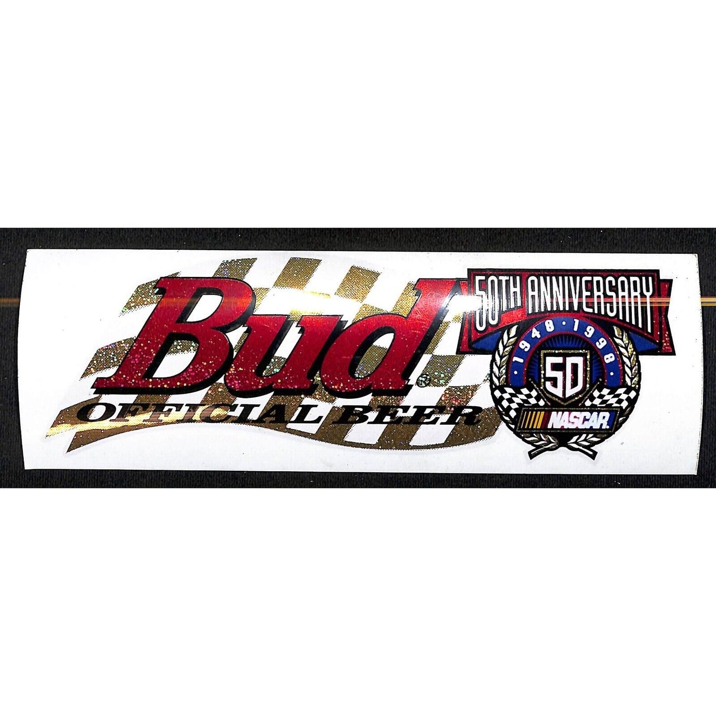 Bud Official Beer 50th Anniversary 1948 - 1998 NASCAR Sticker w/ Glitter*