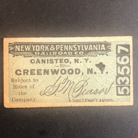 New York & Pennsylvania Railroad July 18 1917 Greenwood, NY Ticket #53567