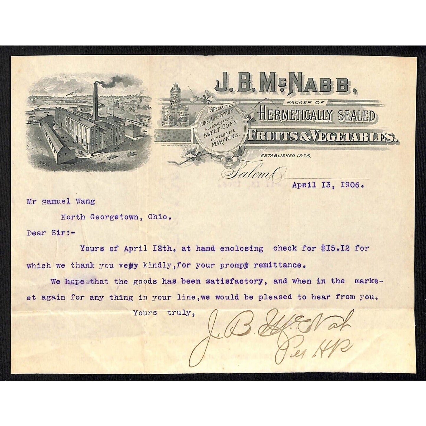 J.B. McNabb Hermetically Sealed 1906 Letterhead Samuel Wang* N. Georgetown OH