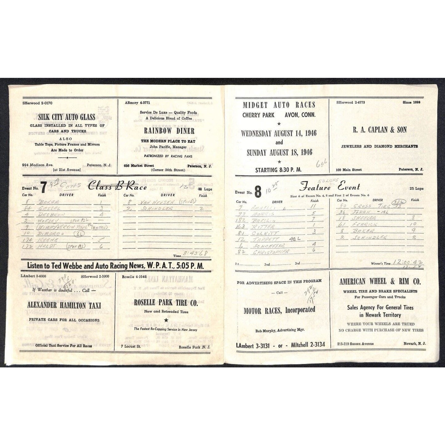 Hinchliffe Stadium Midget Auto Races 8/20/1946 Program Johnny Jars 4pp Scarce