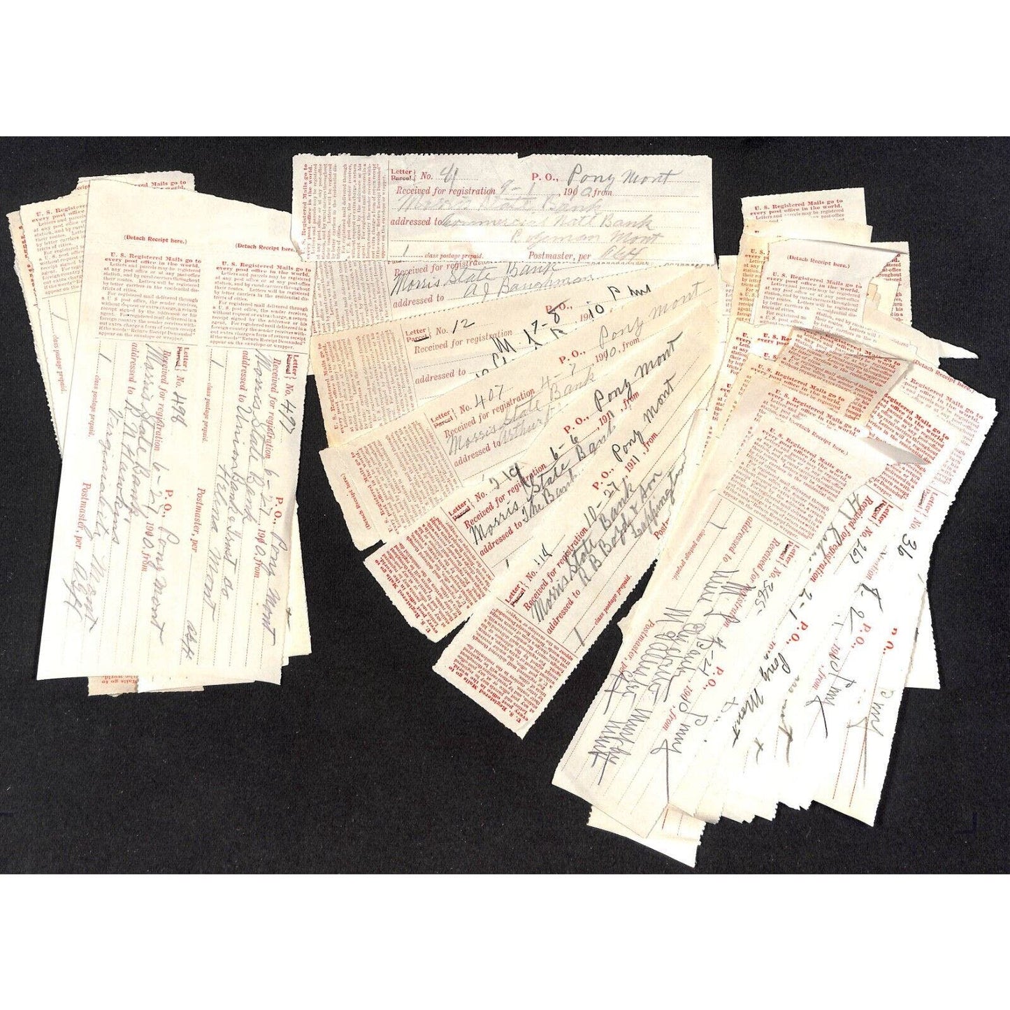 Mostly Pony, MT Group of 70 1910-1911 Unsearched Postal Registered Mail Receipts