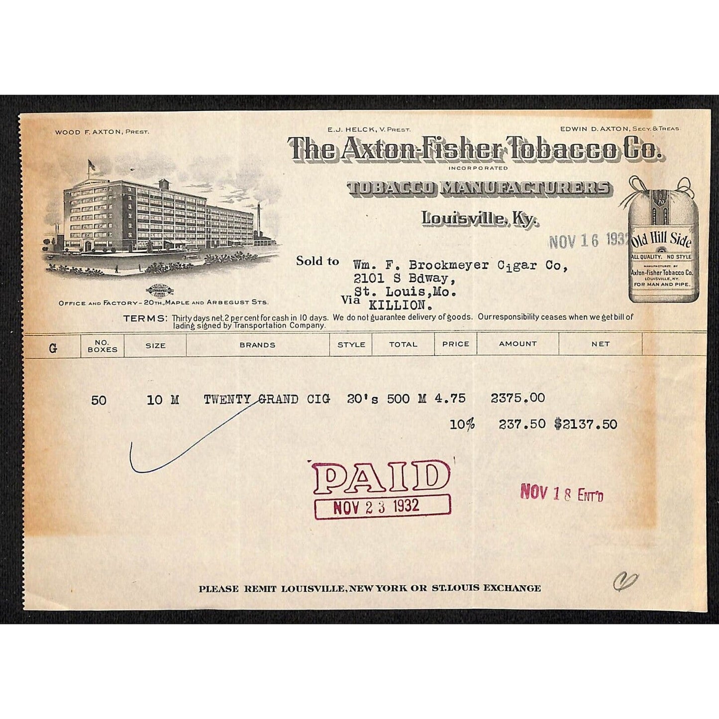 Louisville, KY The Axton-Fisher Tobacco Co. "Old Hill Side" 10/18 1932 Billhead