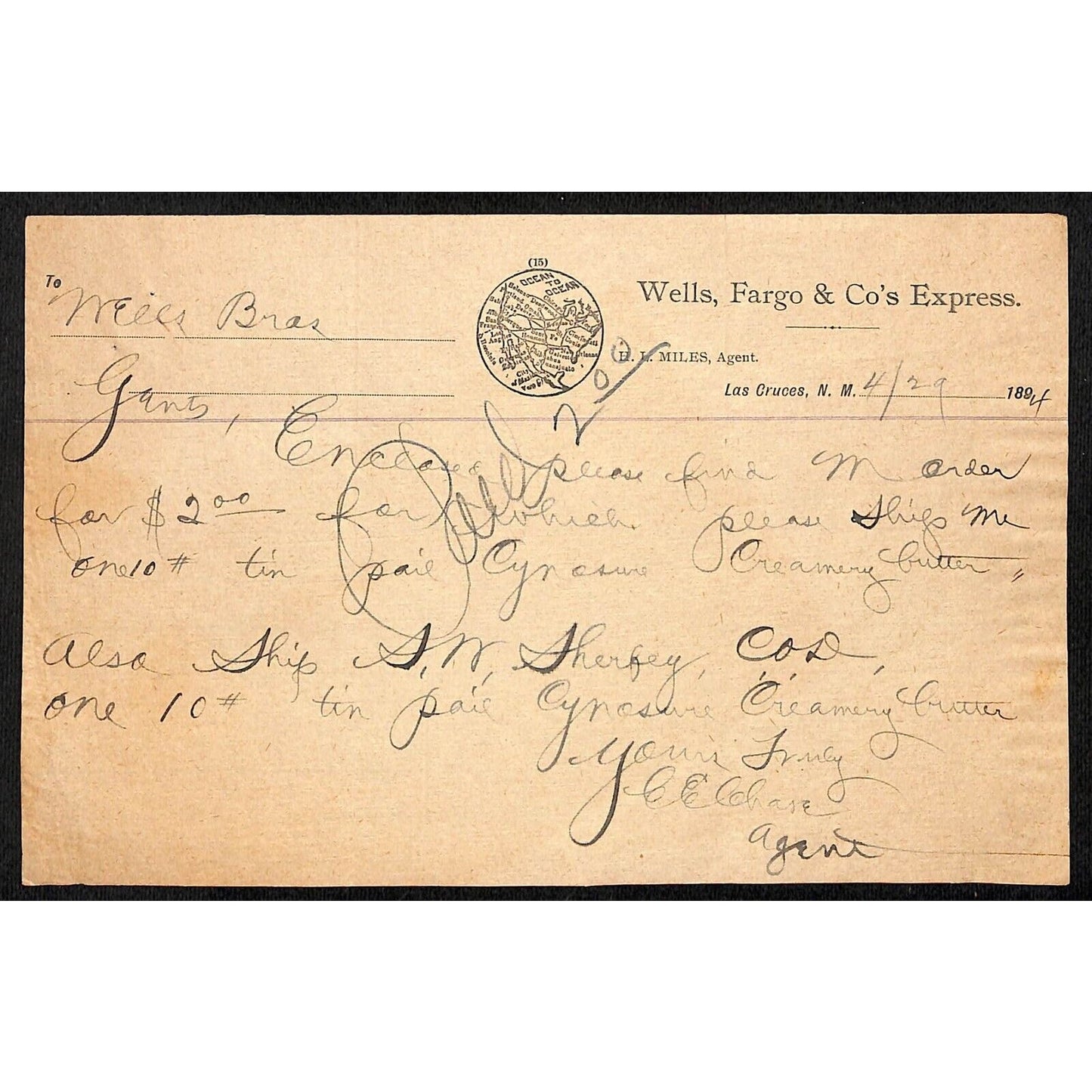 Las Cruces, NM 1894 Wells Fargo & Co's Express Receipt for $2 Tin Pail of Butter