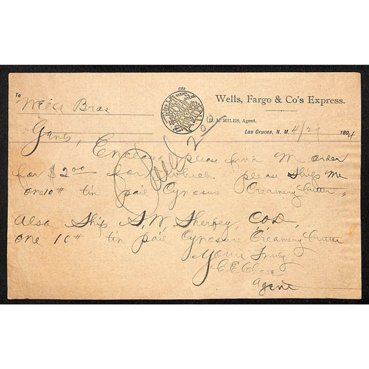 Las Cruces, NM 1894 Wells Fargo & Co's Express Receipt for $2 Tin Pail of Butter