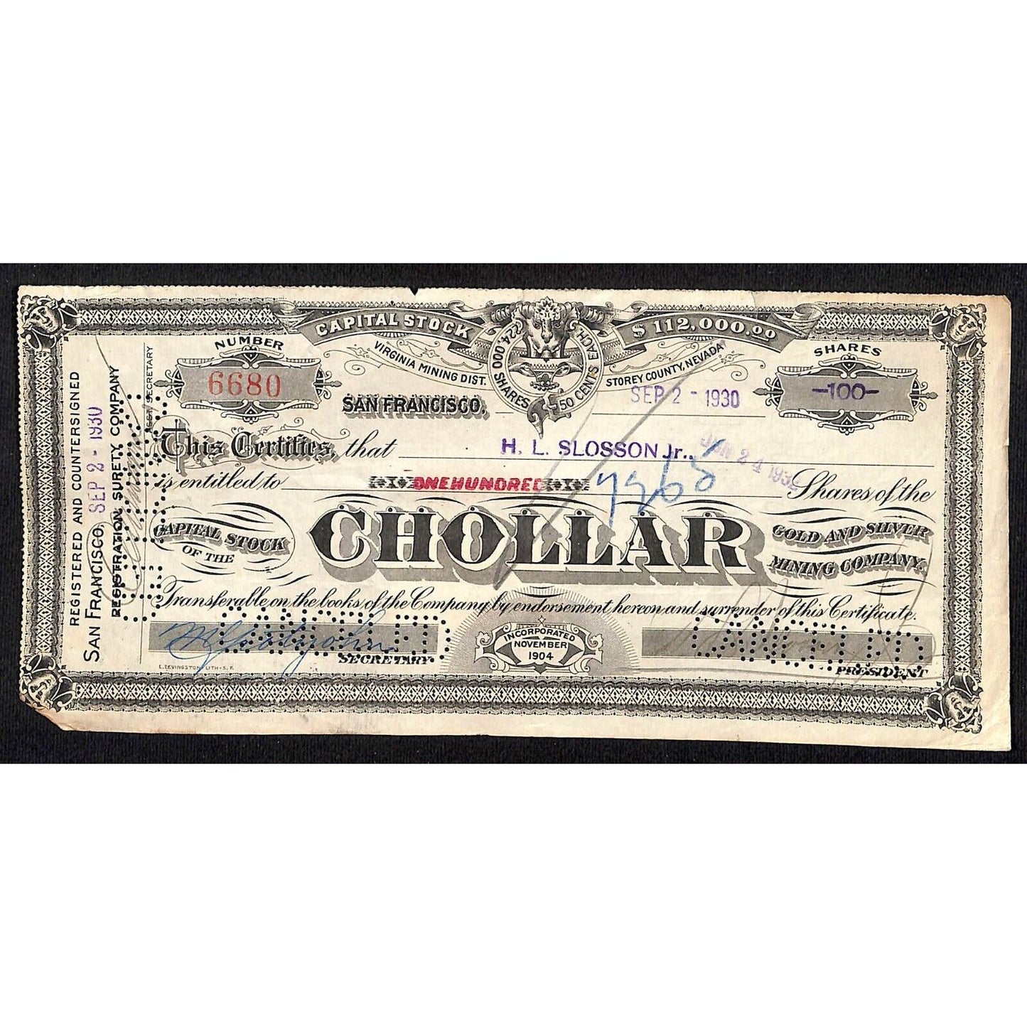 Chollar Gold Silver Mining Company San Francisco 1930 Stock Certificate #6680
