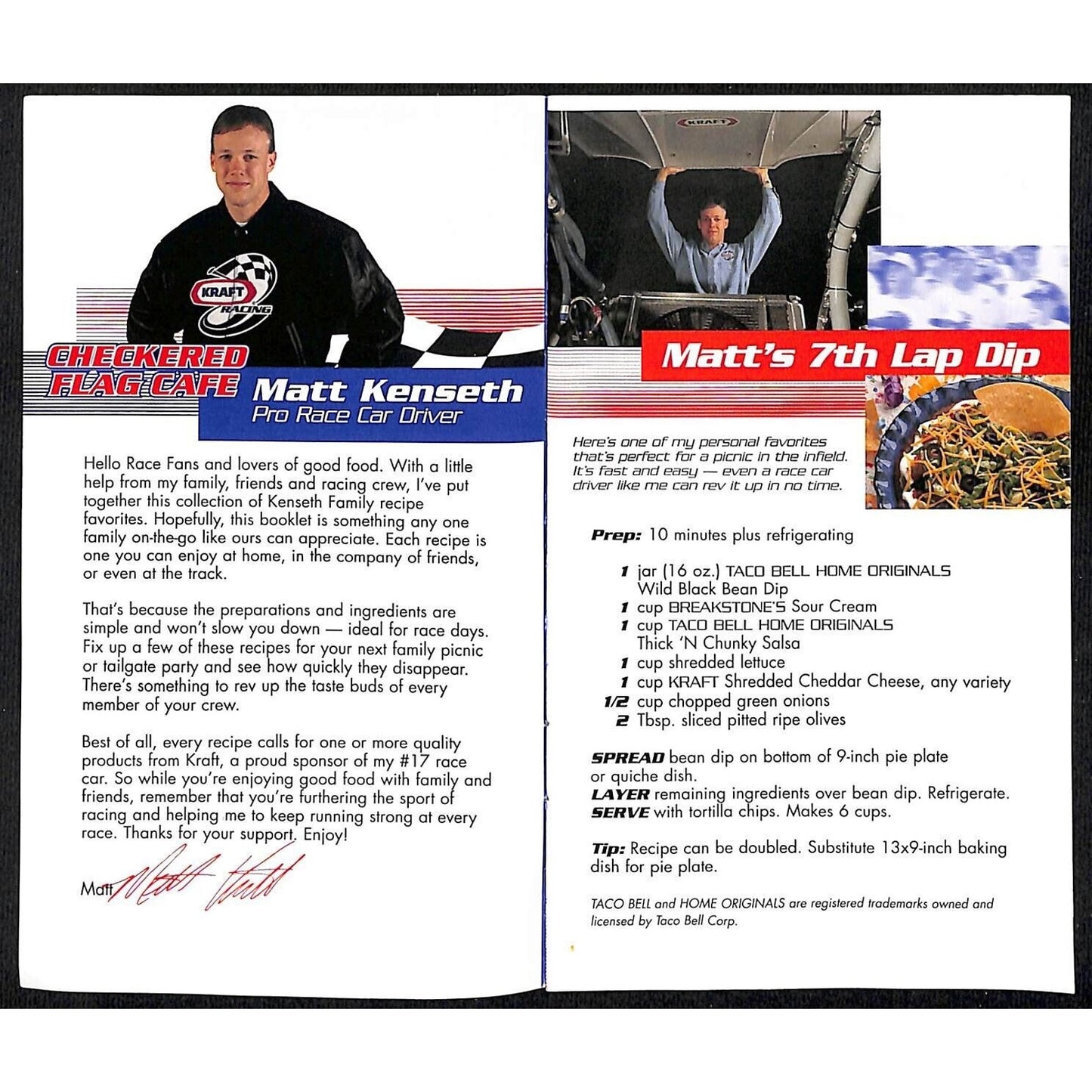 1999 Kraft Racing "Checkered Flag Cafe" Matt Kenseth's Mom Recipes 8pp VGC NOS
