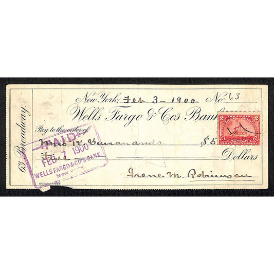 1900 Wells Fargo & Co Bank 63 Broadway NYC Check #63 w/ Rev Stamp