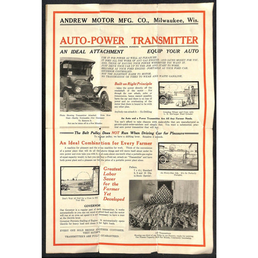 c1917 Andrew Motor Mfg. Co. "Auto-Power Transmitter" Brochure 12" x 18" Scarce