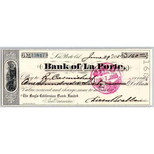 Bank of La Porte Check R. Carmichael 1885 Mining Vignette #13847
