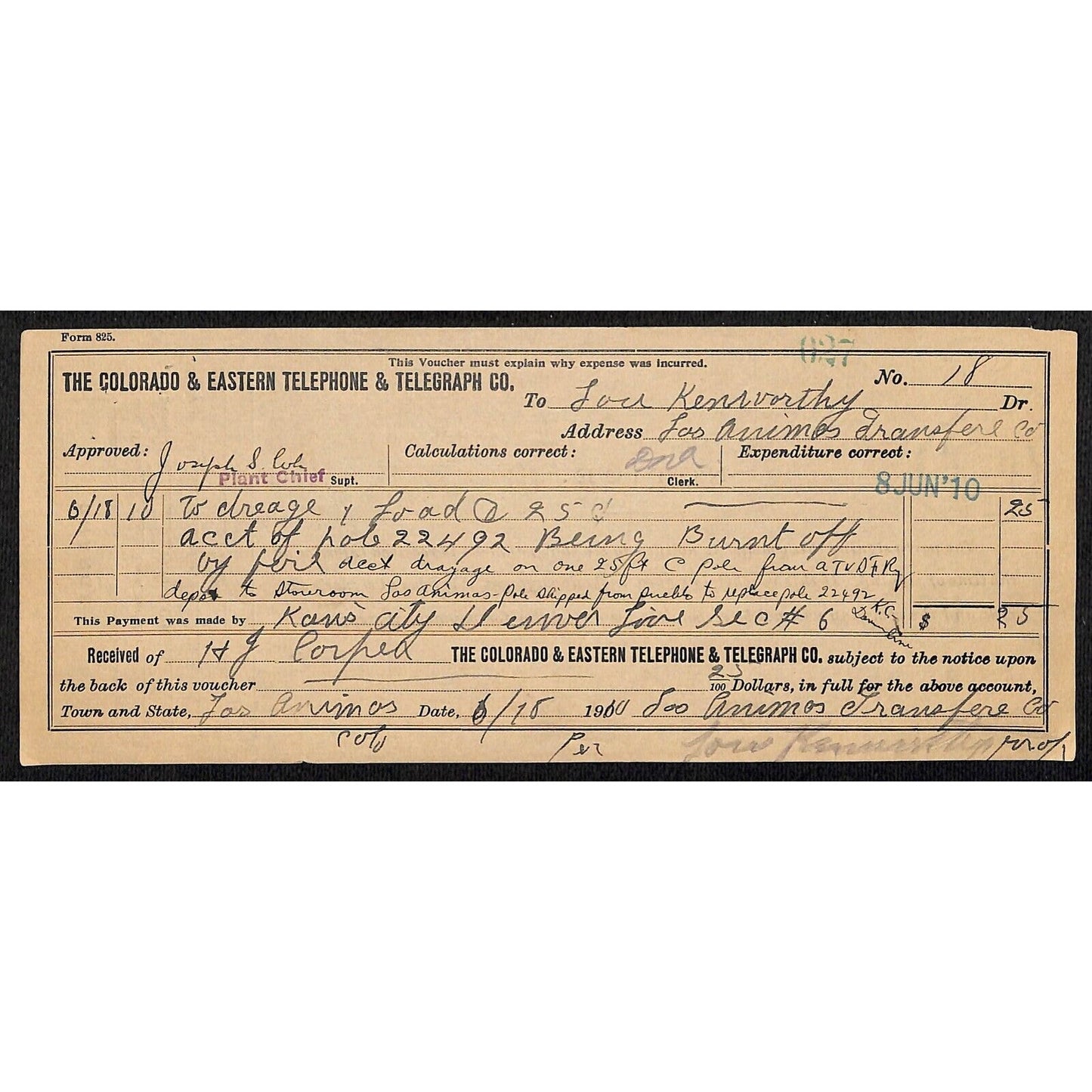 Colorado & Eastern Telephone & Telegraph Co 1910 Receipt - Drayage 1 Load 25c