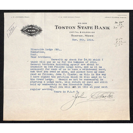 1914 Toston State Bank Montana TLS Letterhead w/ New Odd Fellows Lodge Mention