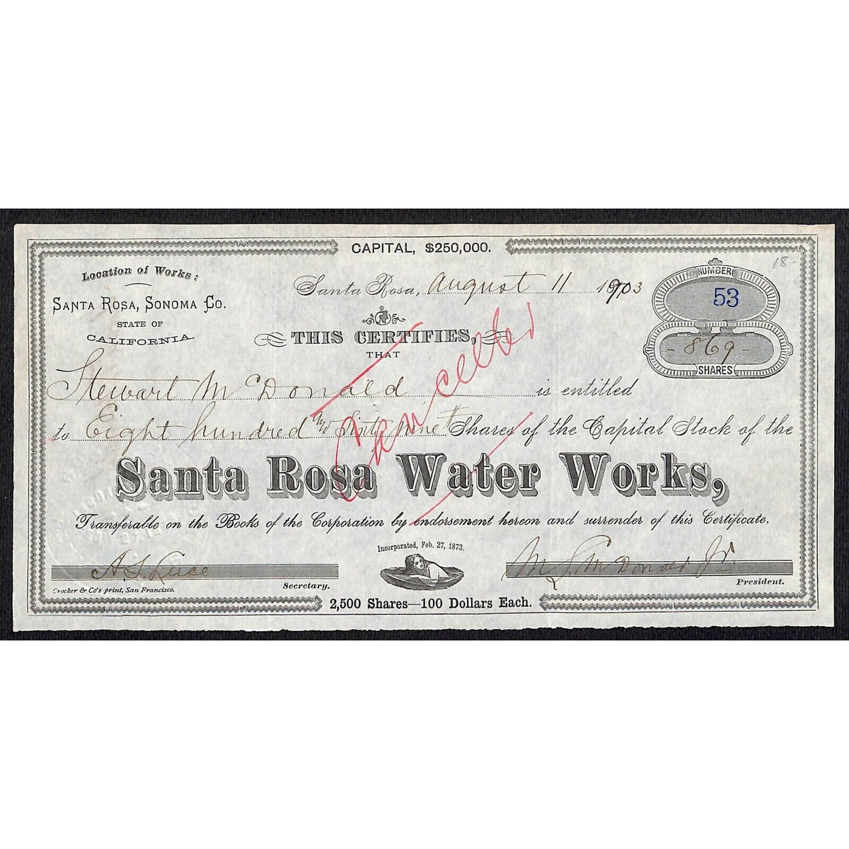 Santa Rosa Water Works 1903 Stock Certificate #53 869 Shares - Scarce