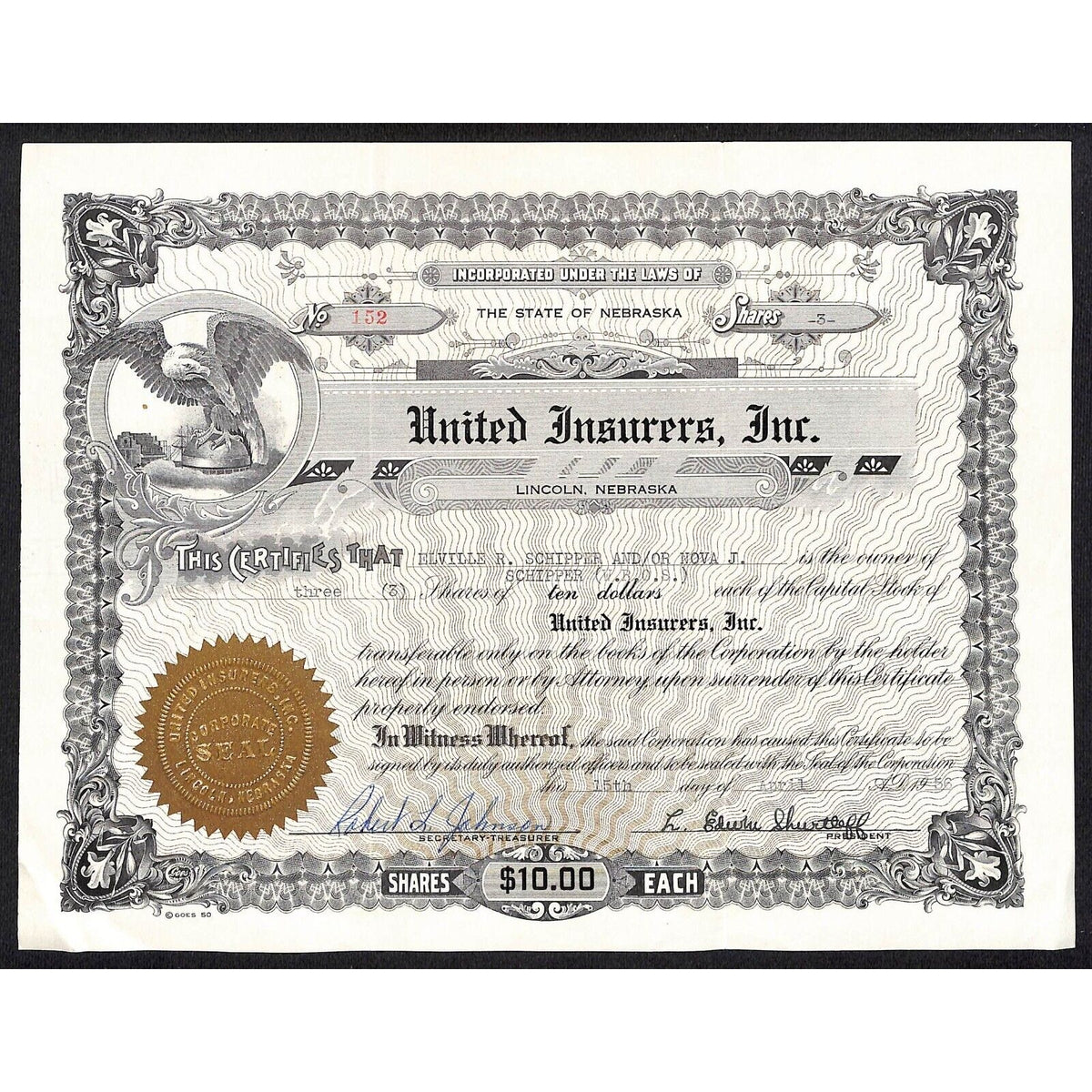 United Insurers, Inc. Lincoln, NE 1956 Stock Certificate to Elville R. Schipper