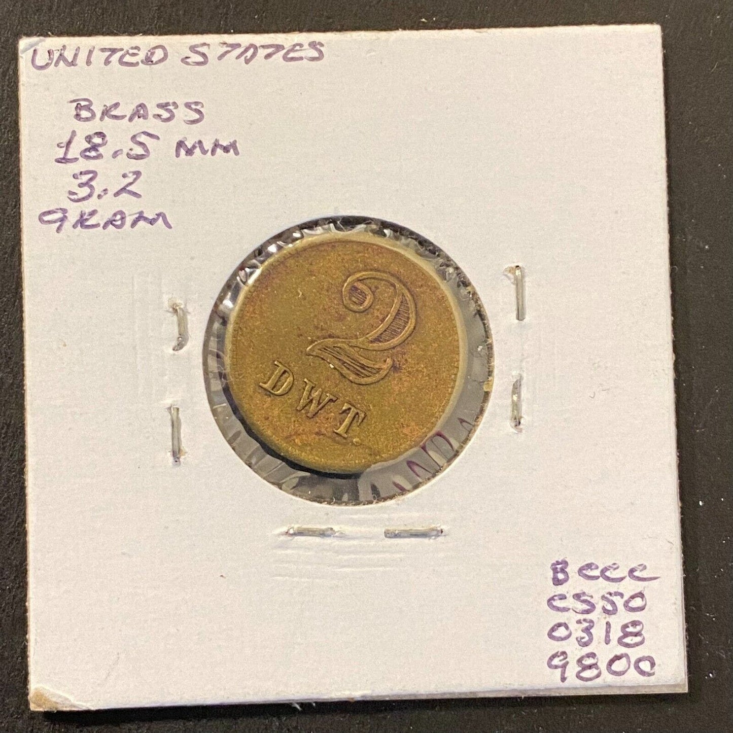 2 Pennyweight Penny Weights / 2 DWT* Brass 18.5mm 3.2g Brass Token