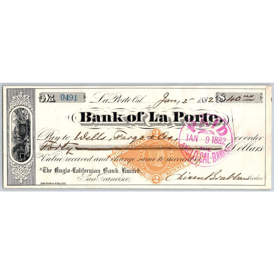 Bank of La Porte Check Wells Fargo 1882 Mining Vignette RN-G1 Rev Stamp #9491