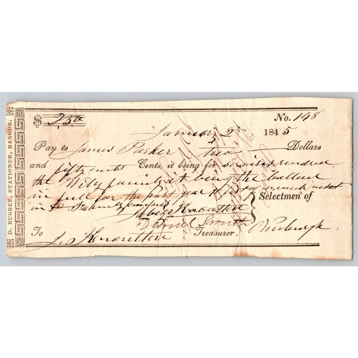 1845 Jabez Knowlton* Newburgh ME Town Check to James Parker ??