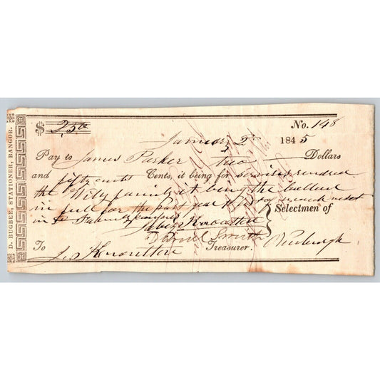 1845 Jabez Knowlton* Newburgh ME Town Check to James Parker ??