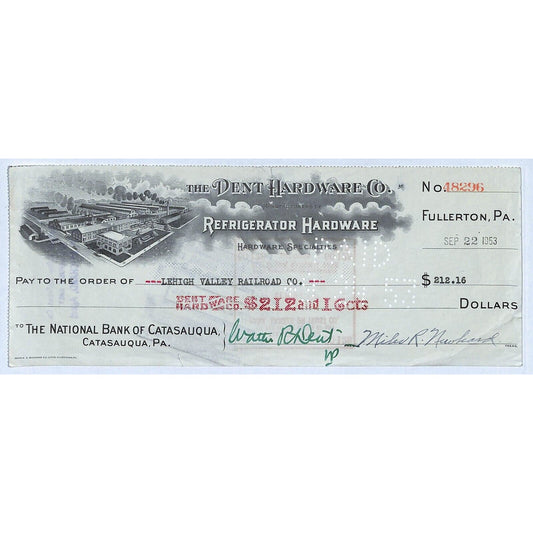 Dent Hardware Co. Refrigerator Fullerton, PA 1953 Bank Check w/ Vignette LV RR