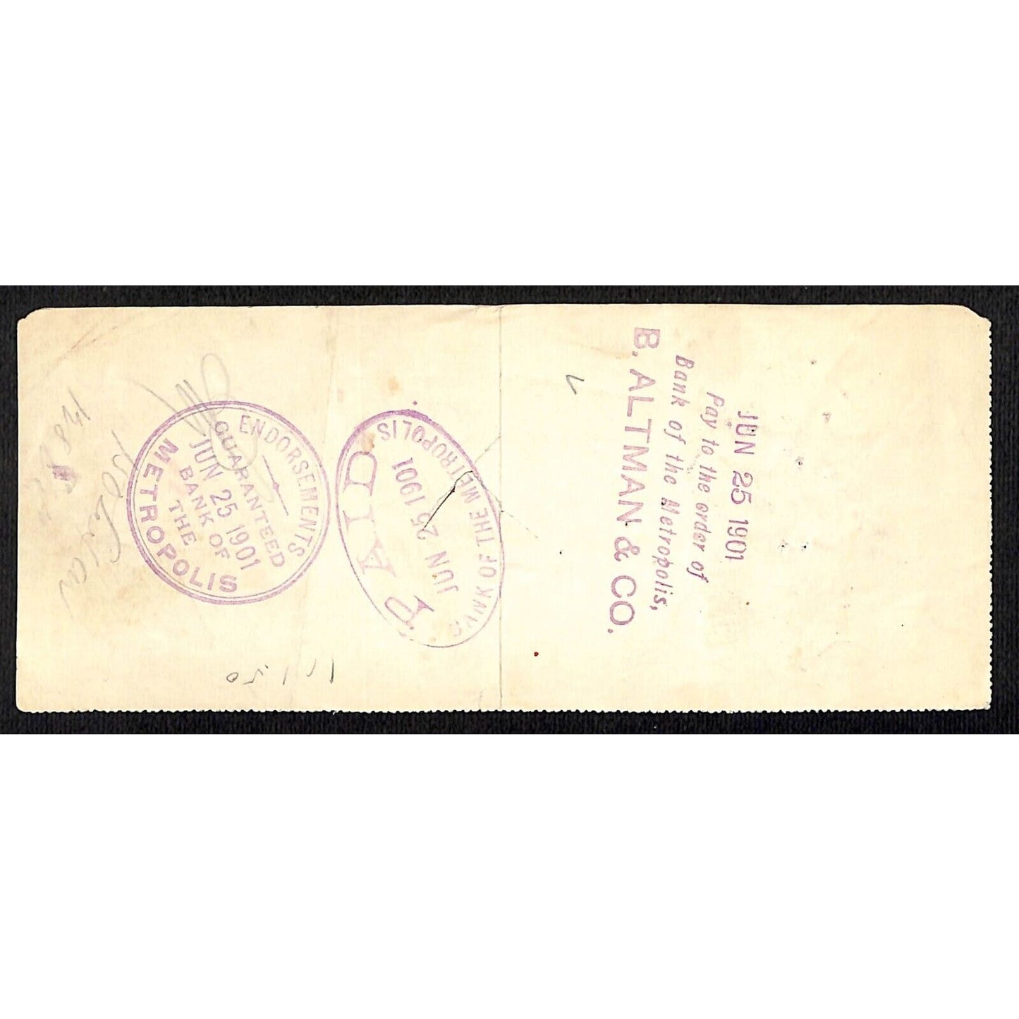 1901 Wells Fargo & Co Bank 63 Broadway NYC Check w/ Rev Stamp B. Altman