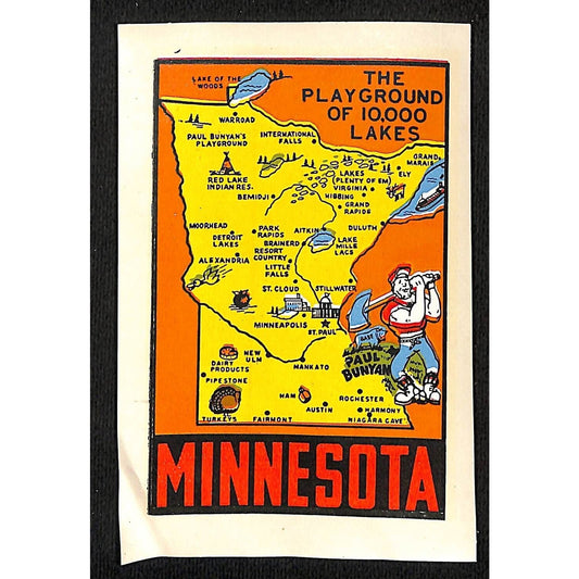 Minnesota Map Lakes Water Transfer Decal Travel Souvenir w/ Sleeve c1950's