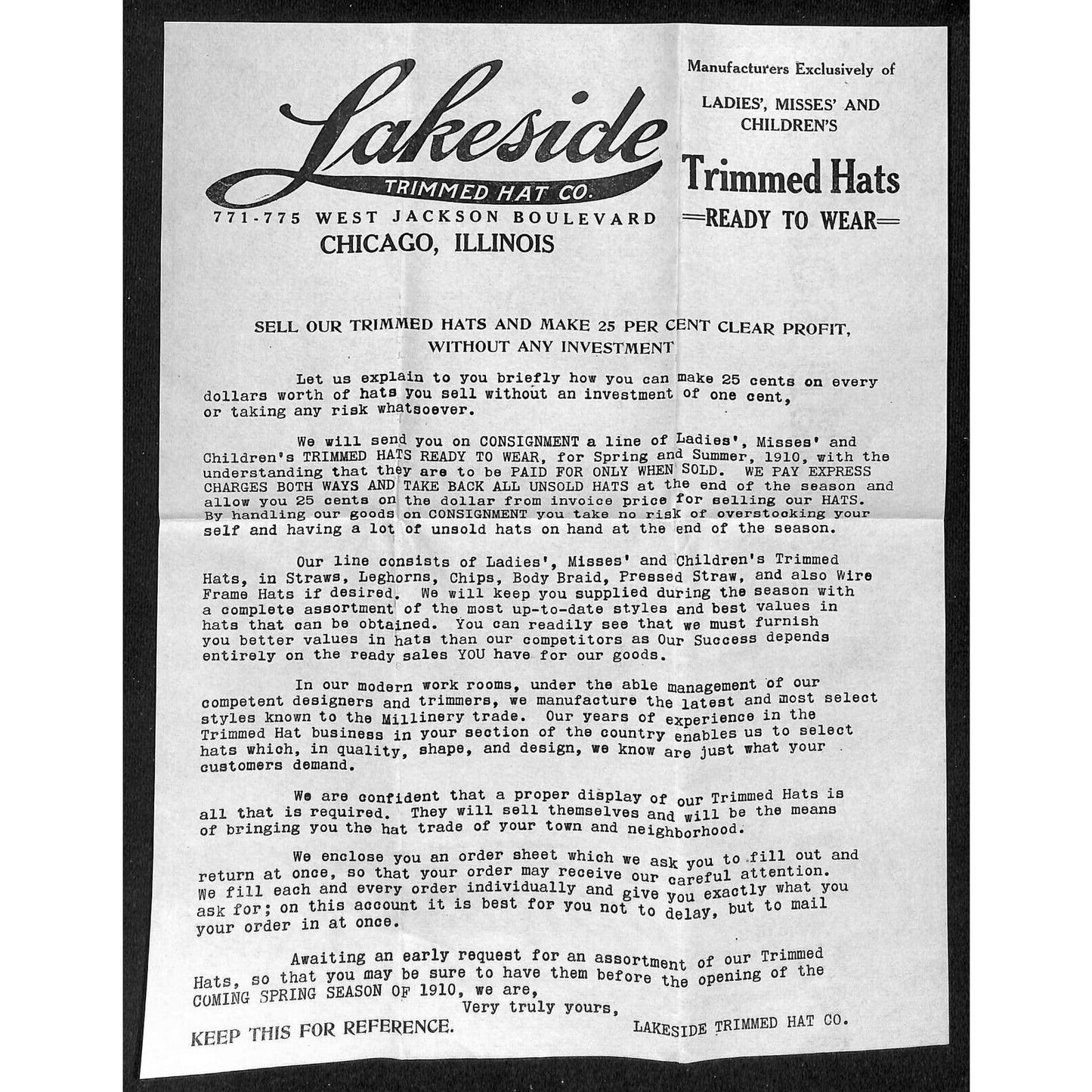 Chicago Lakeside Trimmed Hat Co. 1910 Product Sheet & Return Cover Knowlton*