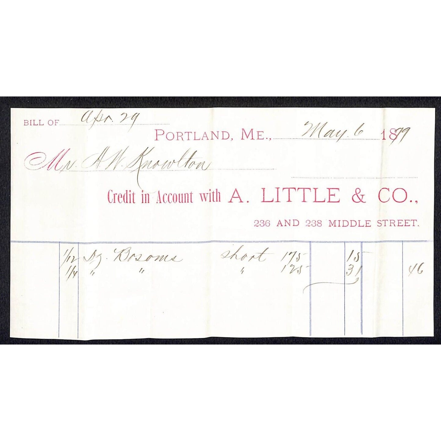 1879 Jabez Knowlton* Newburgh, ME A. Little & Co. Portland Brooms Billhead